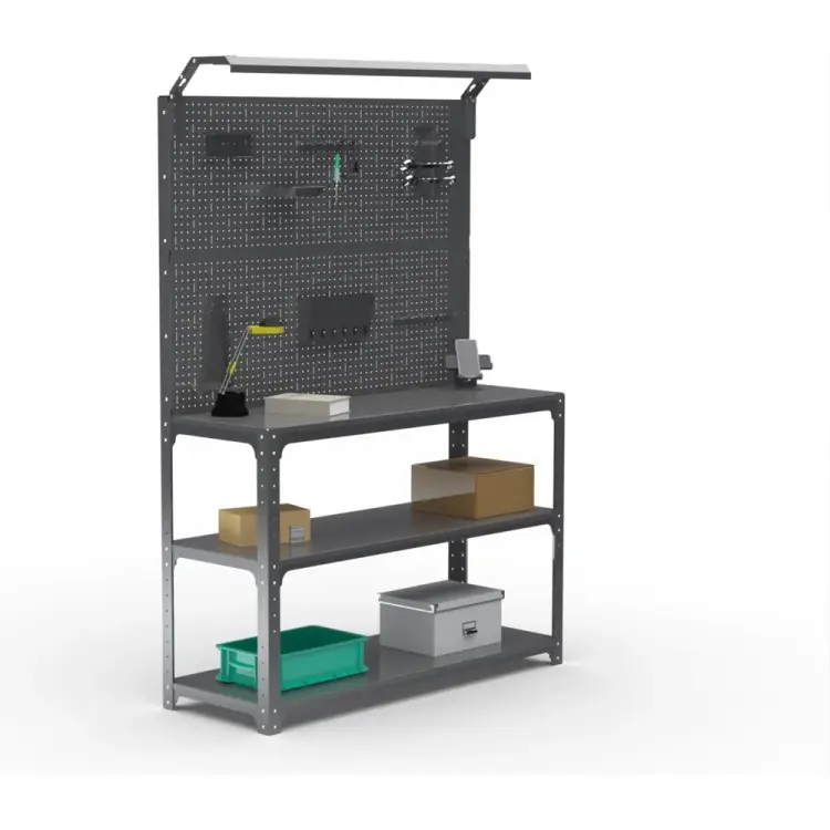 Стол-верстак ООО Металекс серия KIT 950х1300х500 мм, 2-е полки, двойная перфопанель с комплектом освещения, серый 205300