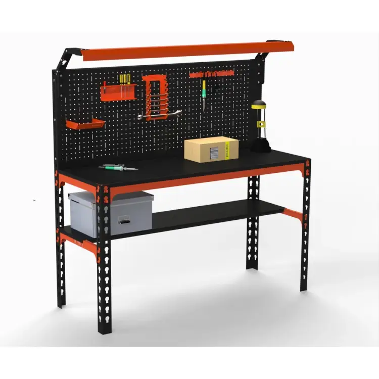 Стол металлический ООО Металекс SUN 750x1300x600, одна полка, перфопанель с комплектом освещения, оранжево-черный 112064