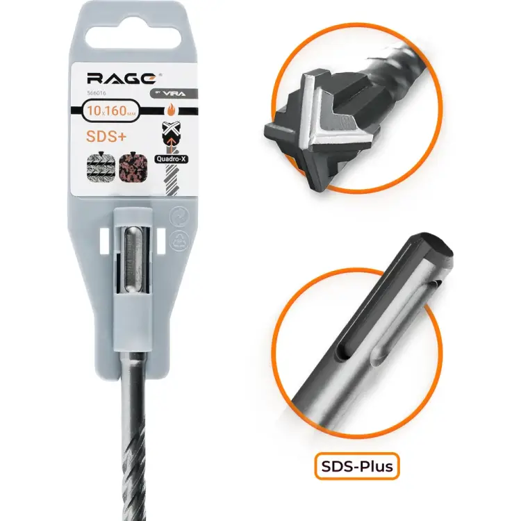 Бур по бетону RAGE Quadro-X 10x160 мм, SDS-plus rage by 566016