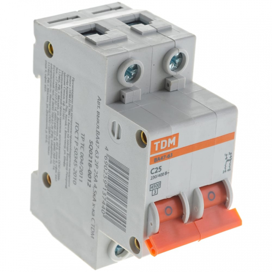 Автомат TDM ВА47-63 2Р, 25 А, 4,5 кА, С