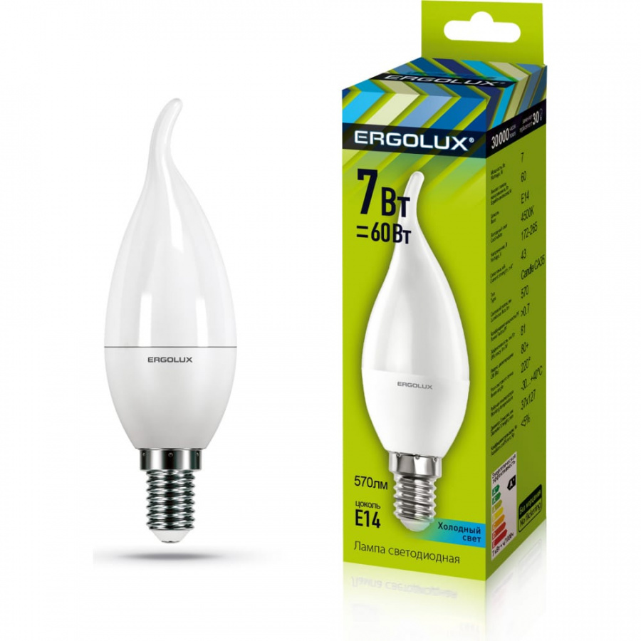 Электрическая светодиодная лампа Ergolux LED-CA35-7W-E14-4К Свеча на ветру
