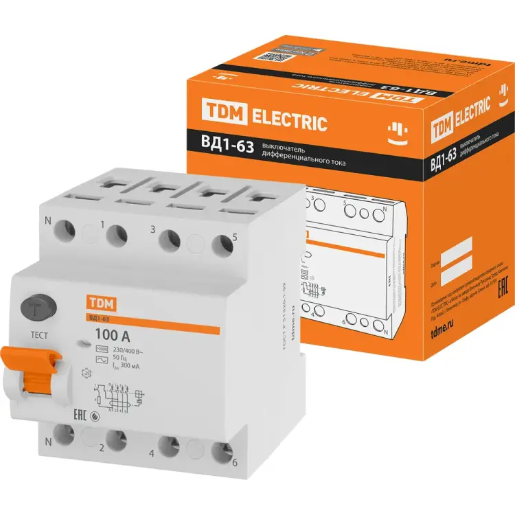 Узо TDM ELECTRIC ВД1-63 4Р, 100 А, 300 мА SQ0203-0049