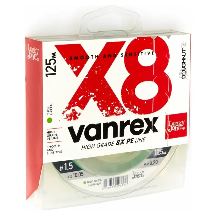 Плетеная леска Lucky John Vanrex х8 BRAID Fluo Green 125/020 LJ4118-020