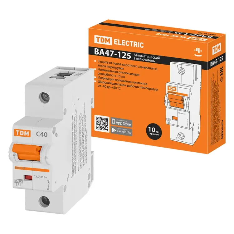 Автомат TDM ELECTRIC ВА47-125 1Р, 40 А, 15 кА, С SQ0208-0055