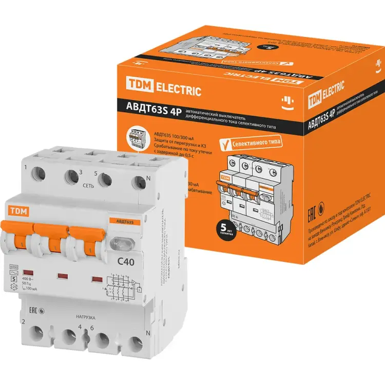 Дифавтомат TDM ELECTRIC АВДТ 63S 4P C40 SQ0202-0046
