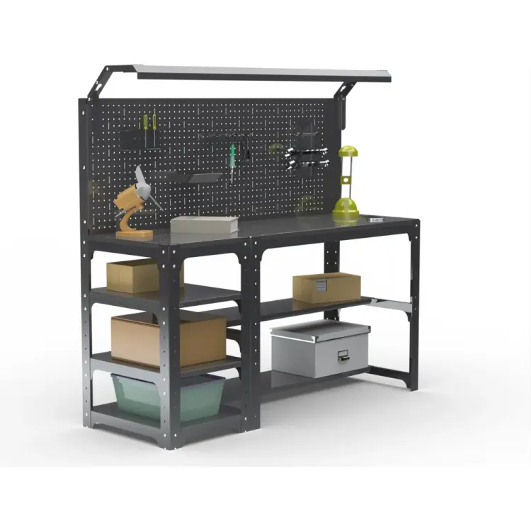 Стол металлический ООО Металекс серия KIT 750х1400х600 мм, с боковыми полками, перфопанелью и комплектом освещения, черный 201476