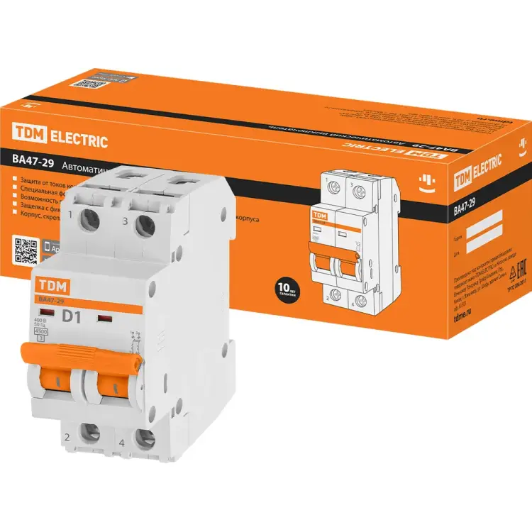 Автомат TDM ELECTRIC ВА47-29 2Р, 1 А, 4,5 кА, D SQ0206-0148