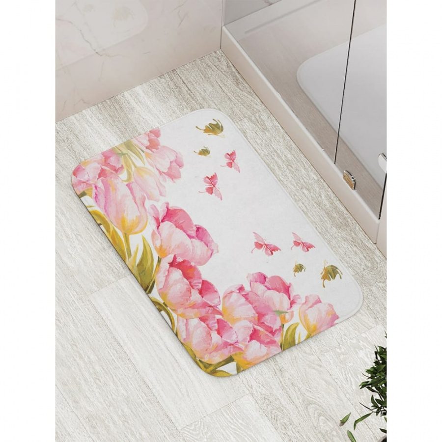 Противоскользящий коврик для ванной, сауны, бассейна JOYARTY Бабочки над тюльпанам