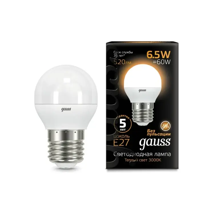 Светодиодная лампа Gauss LED Globe E27, 6.5W, 100-240 В, 2700K 105102107