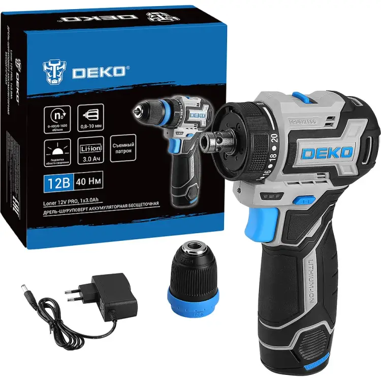 Аккумуляторная бесщеточная компактная дрель шуруповерт DEKO Loner 12V PRO 085-1121 Аккумуляторная бесщеточная компактная дрель шуруповерт DEKO Loner 12V PRO 085-1121