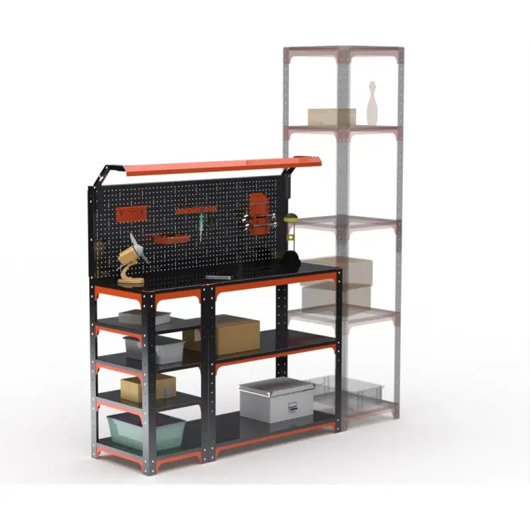 Стол-верстак ООО Металекс серия KIT 950х1400х500, с боковыми полками, перфопанелью и комплектом освещения, оранжево-черный 204758