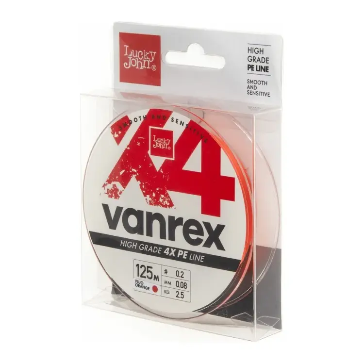 Плетеная леска Lucky John Vanrex х4 BRAID Fluo Orange 125/008 LJ4113-008