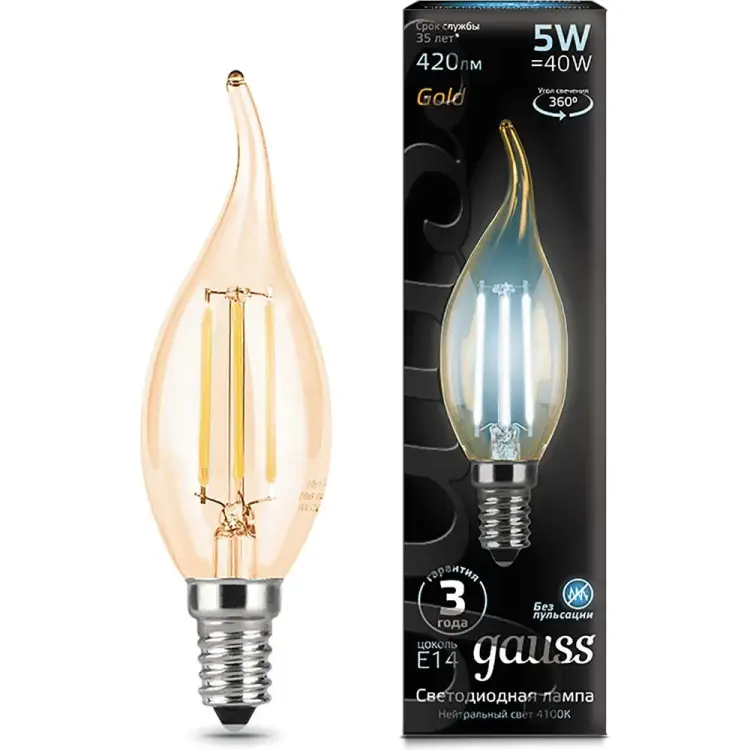 Лампа Gauss LED Filament Candle tailed E14 5W 4100K Golden 104801805