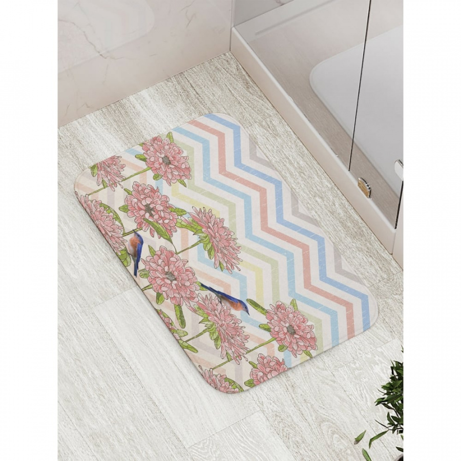 Противоскользящий коврик для ванной, сауны, бассейна JOYARTY Синички с цветами