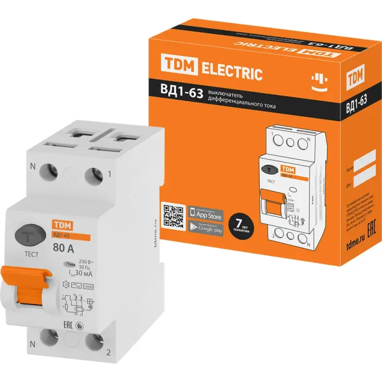 Узо TDM ELECTRIC ВД1-63 2Р, 80 А, 30 мА SQ0203-0022
