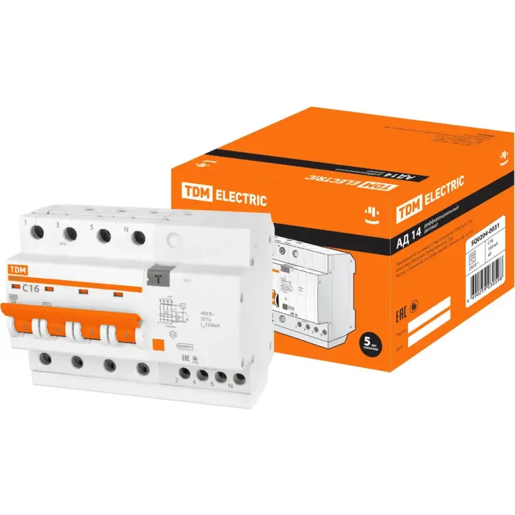 Дифавтомат TDM ELECTRIC АД14 4п, 16 А, 100 мА SQ0204-0031