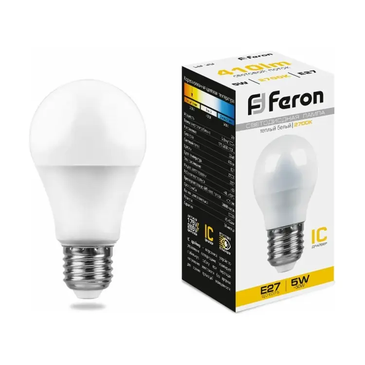 Светодиодная лампа FERON LB-38 Шарик E27 5W 2700K 25404
