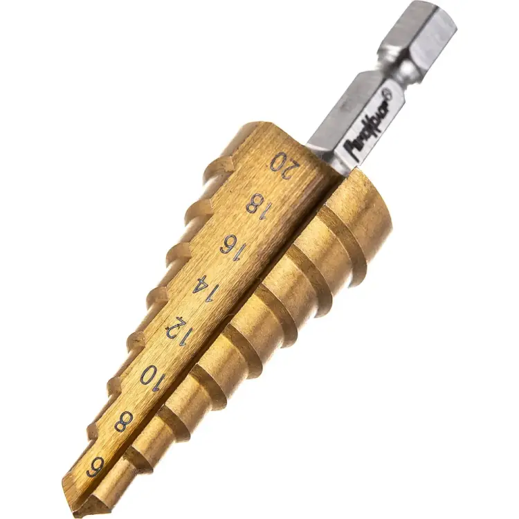 Ступенчатое сверло по металлу для отверстий 6,8,10,12,14,16,18,20 мм РемоКолор 35-5-020