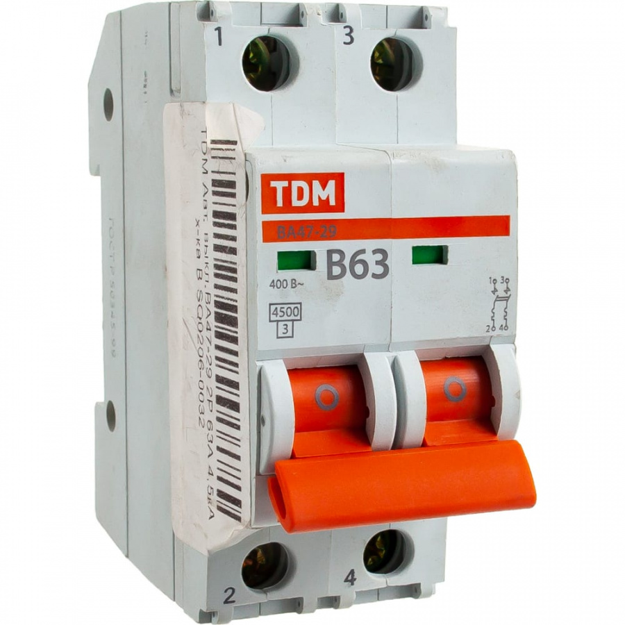 Автомат TDM ВА47-29 2Р, 63 А, 4,5 кА, В