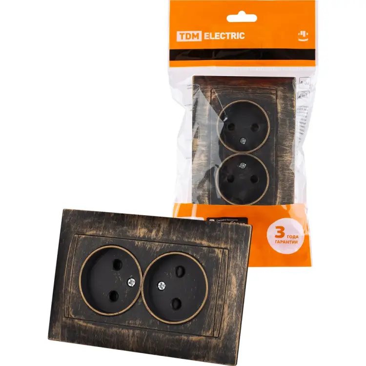 Двойная розетка TDM ELECTRIC Лама 2П 10А 250В с защитными шторками, старинная бронза SQ1815-0753