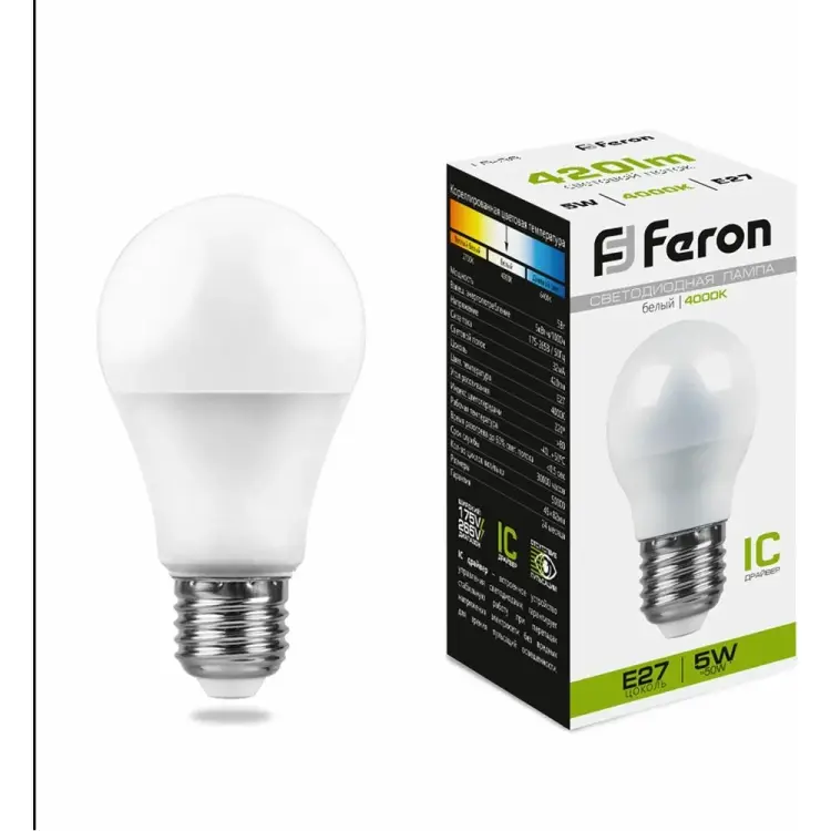 Светодиодная лампа FERON LB-38 Шарик E27 5W 4000K 25405