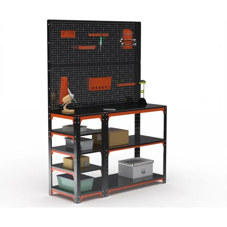 Стол-верстак ООО Металекс KIT 950х1600х600 (с бок. полками, двумя перфопанелями и комп. аксессуаров) (оранжево-чёрный) 204598