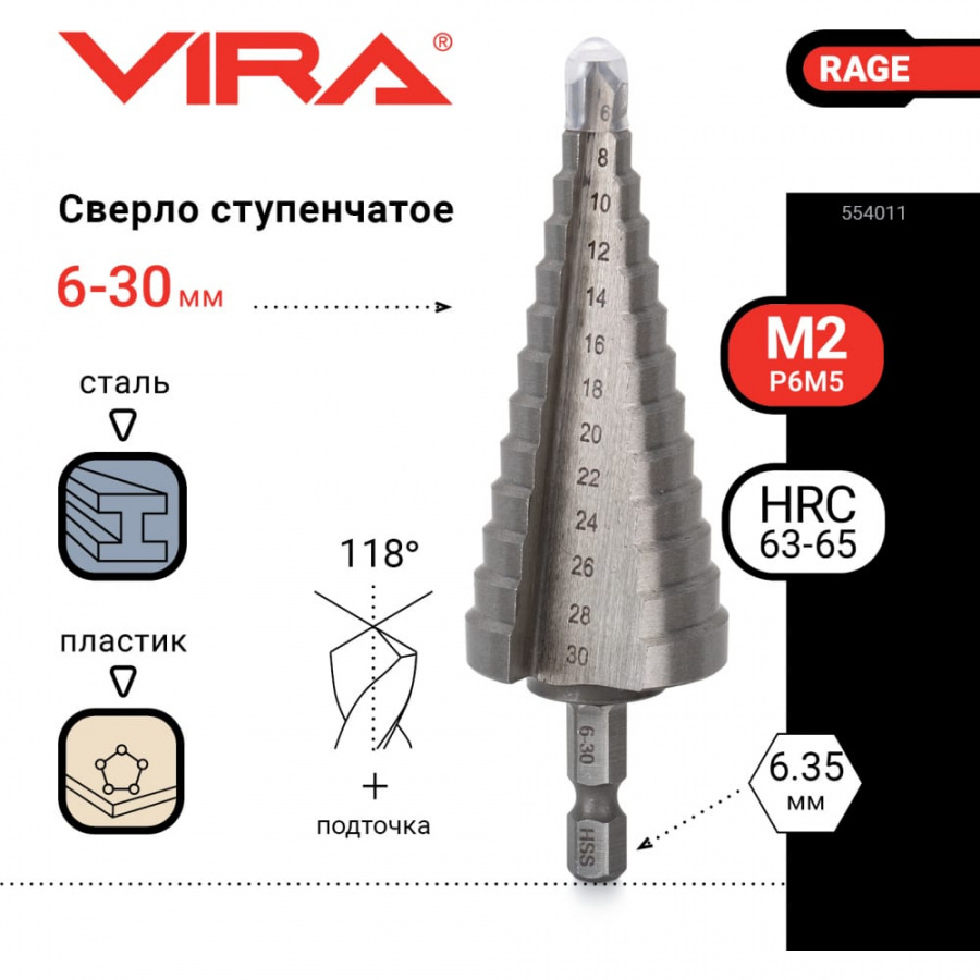 Ступенчатое сверло по металлу VIRA RAGE
