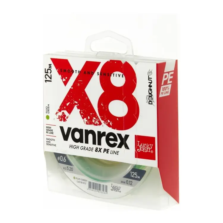 Плетеная леска Lucky John Vanrex х8 BRAID Fluo Green 125/012 LJ4118-012