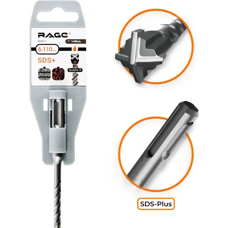 Бур по бетону RAGE Quadro-X 6x110 мм, SDS-plus rage by 566611