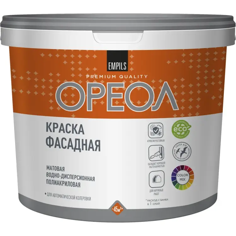 Водно-дисперсионная полиакриловая атмосферостойкая фасадная краска ОРЕОЛ 67267 Водно-дисперсионная полиакриловая атмосферостойкая фасадная краска ОРЕОЛ 67267