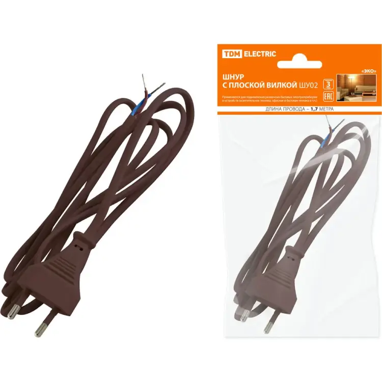 Шнур TDM ELECTRIC с плоской вилкой ШУ02 ШВВП 2х0,75мм2 1,7 м. коричневый ЭКО SQ1305-0016 Шнур TDM ELECTRIC с плоской вилкой ШУ02 ШВВП 2х0,75мм2 1,7 м. коричневый ЭКО SQ1305-0016