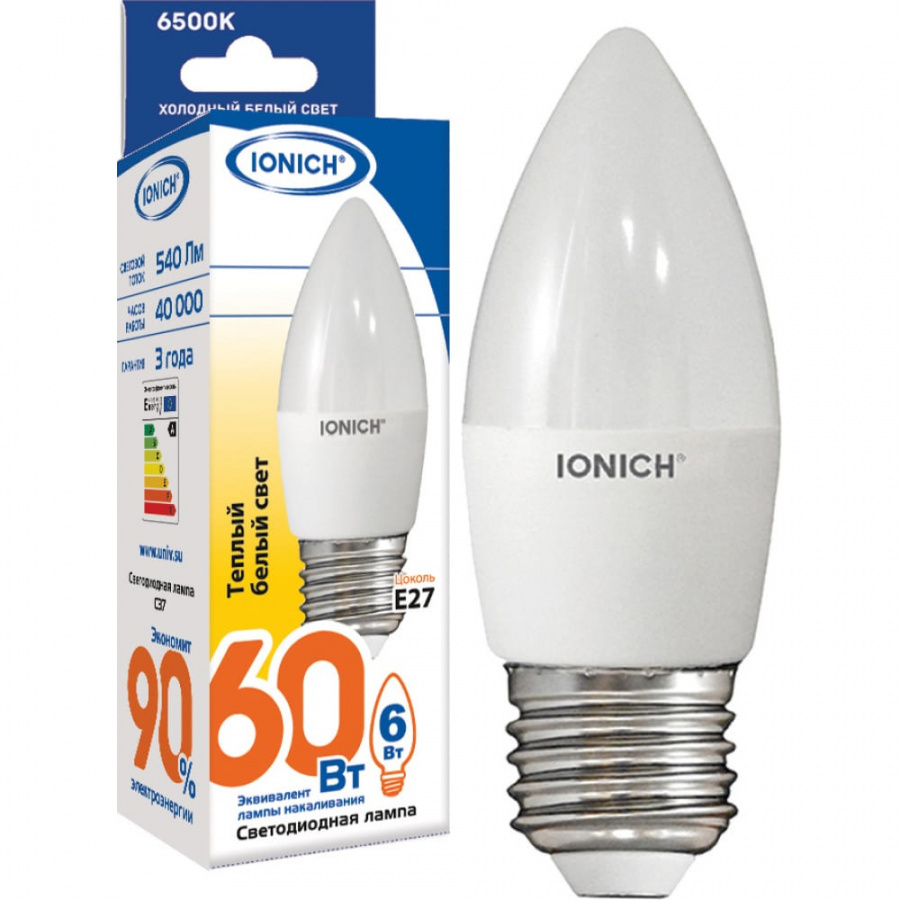 Лампа IONICH ILED-SMD2835-C37-6-540-230-2.7-E27