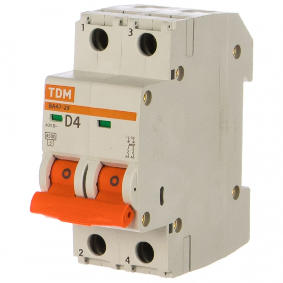 Автомат TDM ВА47-29 2Р, 4 А, 4,5 кА, D
