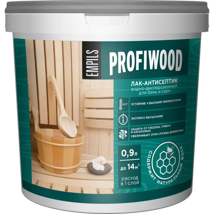 Влагостойкий водно-дисперсионный полиакриловый лак-антисептик для бань и саун Profiwood 6493