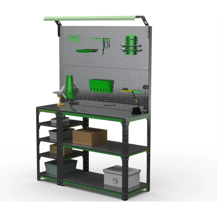 Стол-верстак ООО Металекс KIT 950х1200х500 (с бок. полками, 2-мя панелями и комп. освещения) (серо-зеленый) 204318