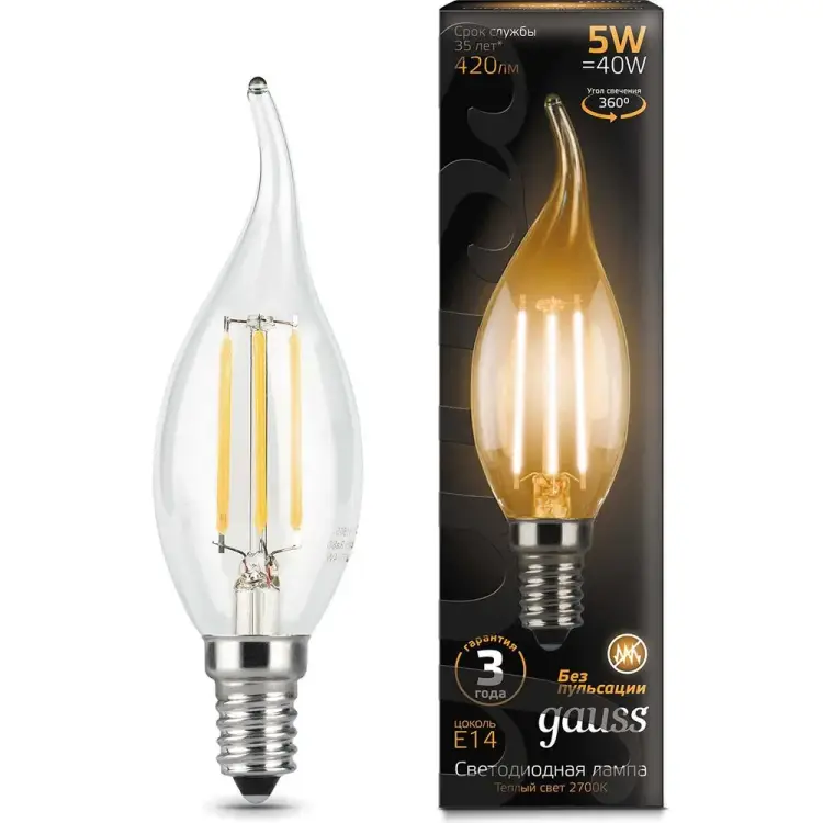 Лампа Gauss LED Filament Candle tailed E14 5W 2700K 104801105 Лампа Gauss LED Filament Candle tailed E14 5W 2700K 104801105