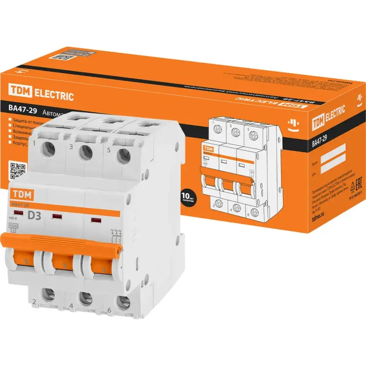 Автомат TDM ELECTRIC ВА47-29 3Р, 3 А, 4,5 кА, D SQ0206-0166