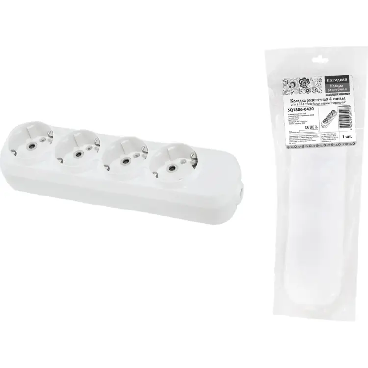 Розеточная колодка TDM ELECTRIC 4 гнезда 2П+3 16А 250В белая серии Народная SQ1806-0420