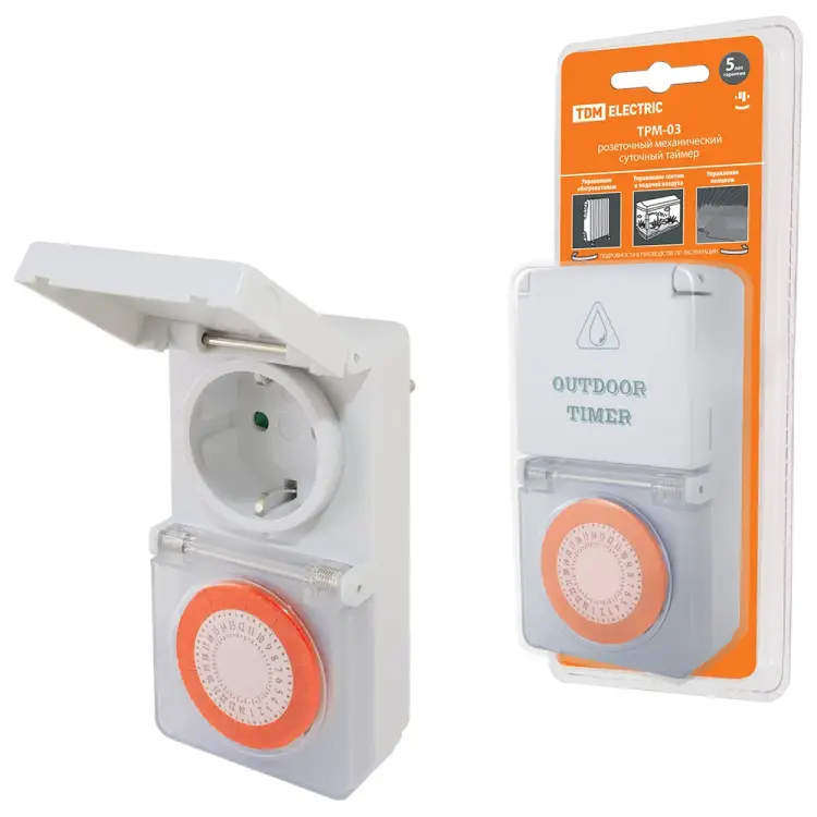 Розеточный таймер TDM ELECTRIC ТРМ-03-30мин/24ч-16А-IP44 (суточный, защита от влаги) SQ1506-0004