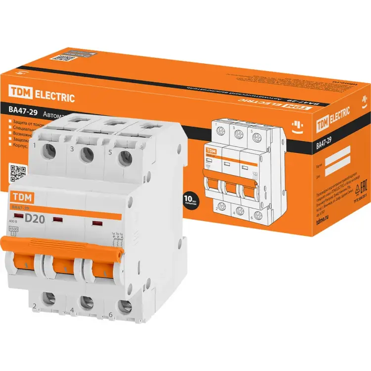 Автомат TDM ELECTRIC ВА47-29 3Р, 20 А, 4,5 кА, D SQ0206-0174