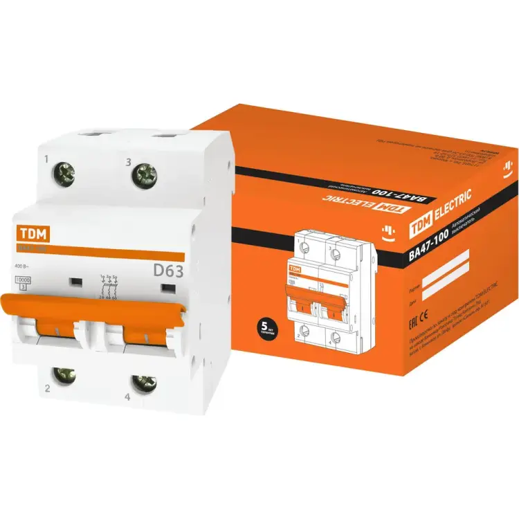 Автомат TDM ELECTRIC ВА47-100 2Р, 63 А, 10 кА, D SQ0207-0020
