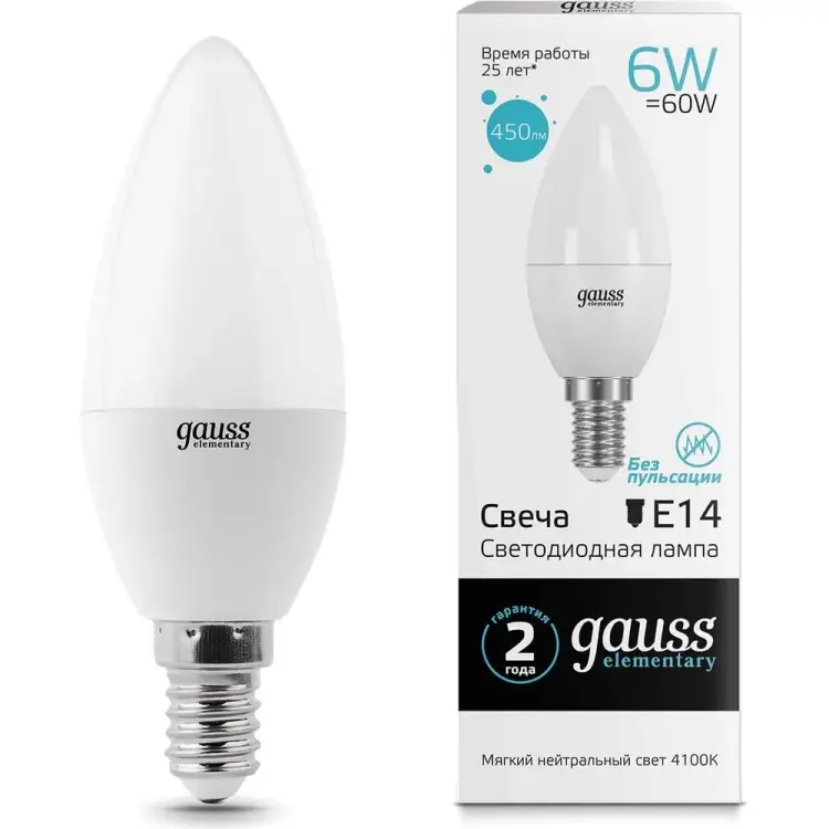 Лампа Gauss LED Elementary Candle 6W E14 4100K 33126