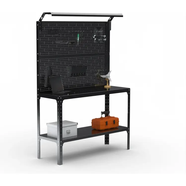 Стол-верстак ООО Металекс KIT 950х1200х500 мм, одна полка + перфопанель с комплектом освещения, черный 205845