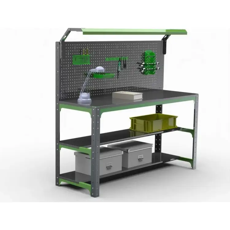 Стол-верстак ООО Металекс KIT 950х1600х400 (2-е полки, + перфопанель с комплектом освещения) (серо-зеленый) 204391