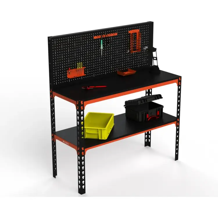 Стол-верстак ООО Металекс с перфопанелью и комплектом аксессуаров 950x1600x600 мм, одна полка, оранжево-чёрный 111079