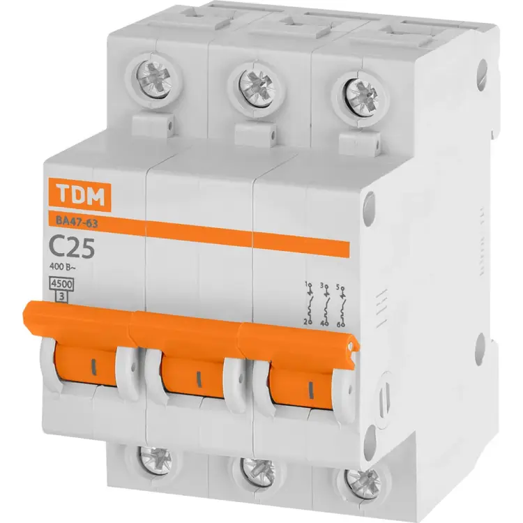 Автомат TDM ELECTRIC ВА47-63 3Р, 25 А, 4,5 кА, С SQ0218-0021