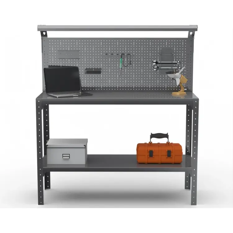 Стол-верстак ООО Металекс серия KIT 950х1200х500 мм, одна полка + перфопанель с комплектом освещения, серый 205380