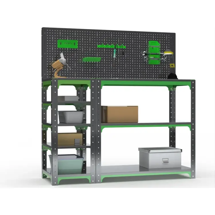 Стол-верстак ООО Металекс серия KIT 950х1400х400 с боковыми полками, перфопанелью и комплектом аксессуаров, серо-зеленый 204086