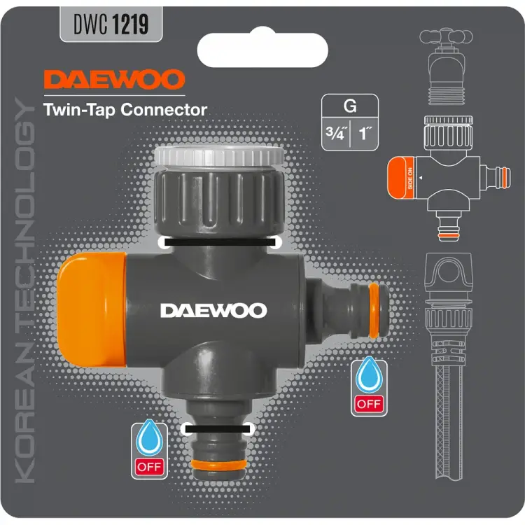 Двухканальный адаптер для кранов с внешней резьбой 3/4" и 1" DAEWOO DWC 1219 Двухканальный адаптер для кранов с внешней резьбой 3/4" и 1" DAEWOO DWC 1219