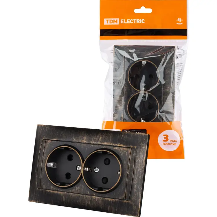 Двойная розетка TDM ELECTRIC Лама 2П+З 16А 250В с защитными шторками, старинная бронза SQ1815-0754